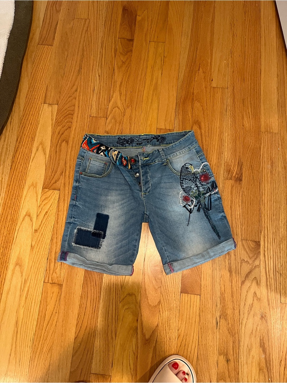 Desigual Light Blue Embroidered Bird Patch Denim Shorts